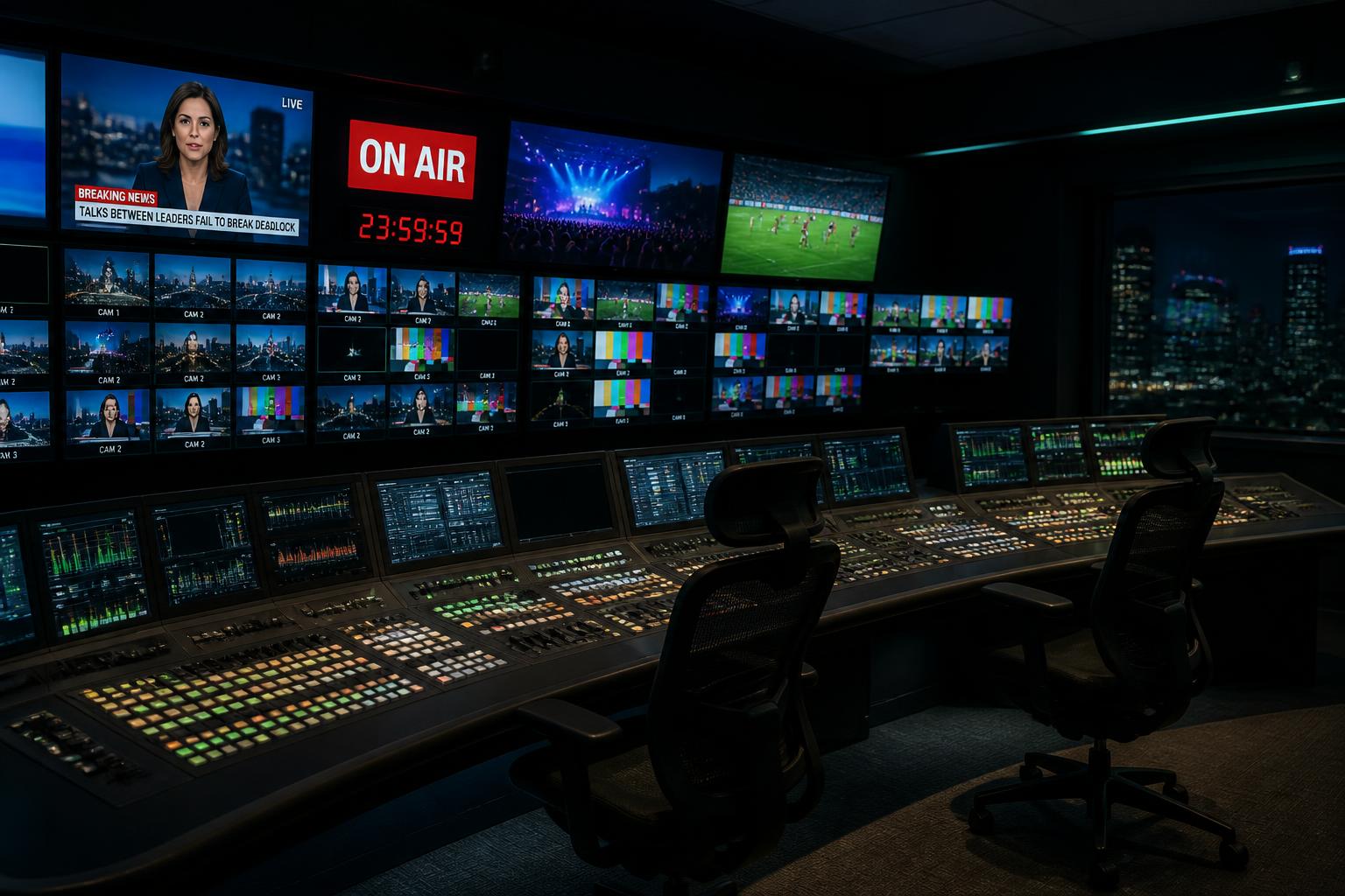 Broadcast master control room with a wall of live monitors and a lit mixing desk