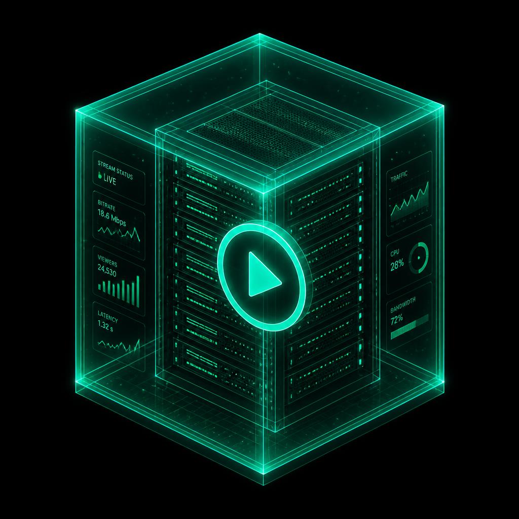 Glowing isometric broadcast infrastructure server visualisation